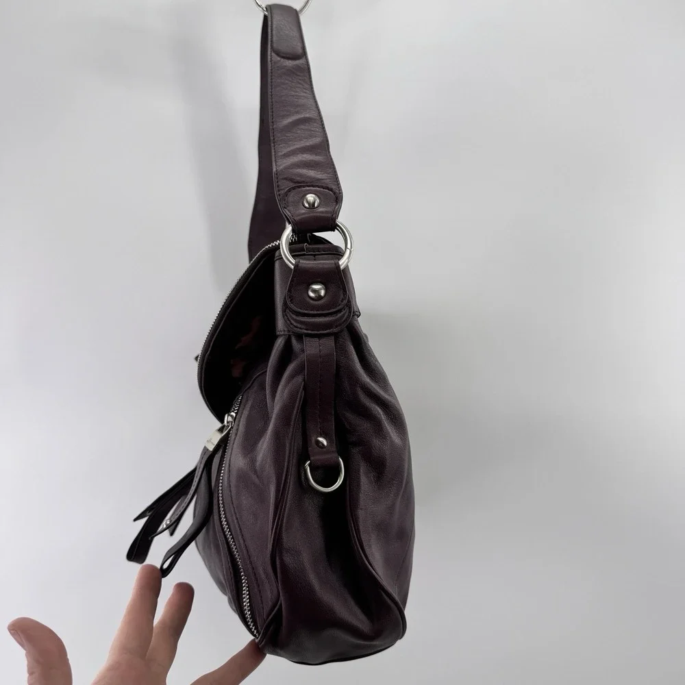 Y2K Leather Hobo Bag Oxblood Slouchy Flap Multi Zip Fringe Moto Avant Garde MINT